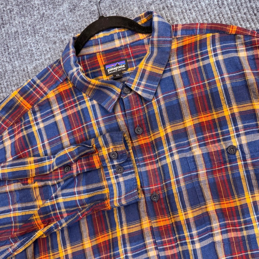 Patagonia Organic Cotton Plaid Button Down Shirt XXL Blue Orange Long Sleeve